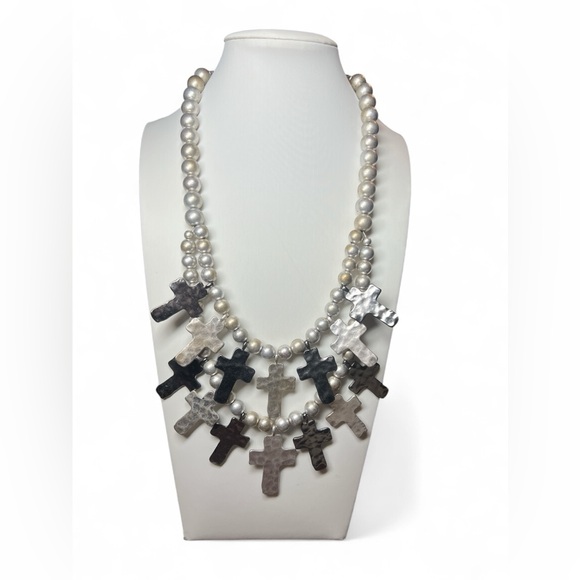 Religious Faux Pearl Necklace Layered Silver Hammered Crosses Gothic Chunky Boho - Picture 1 of 4